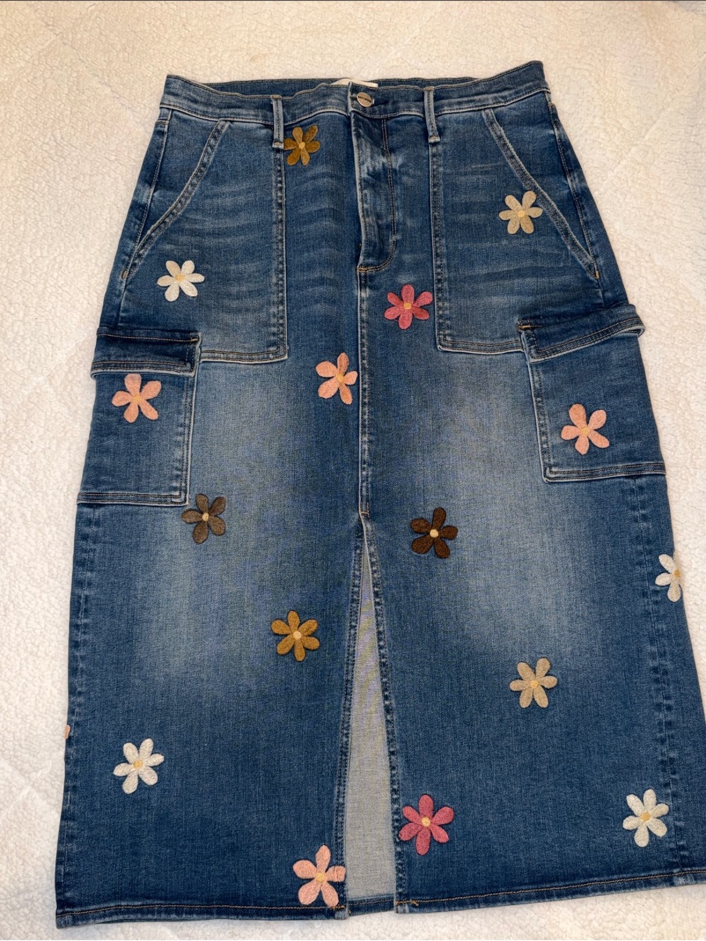 DRIFTWOOD Blue Denim Midi Skirt with Multicolor Floral Appliqués